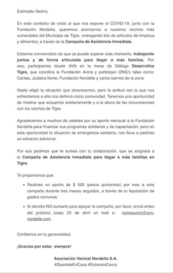 Donación en Débito automático en expensas de Nordelta para ayudar por el COVID