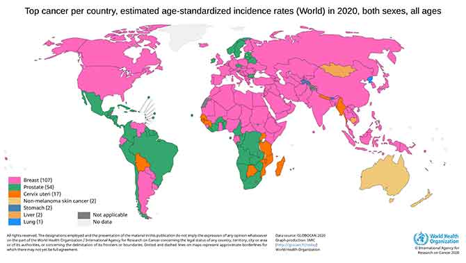 Tipo de cáncer mas encontrado en cada país